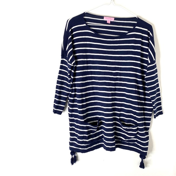 Lilly Pulitzer Navy White Stripe Tassel Side Knit Pullover - Picture 2 of 9